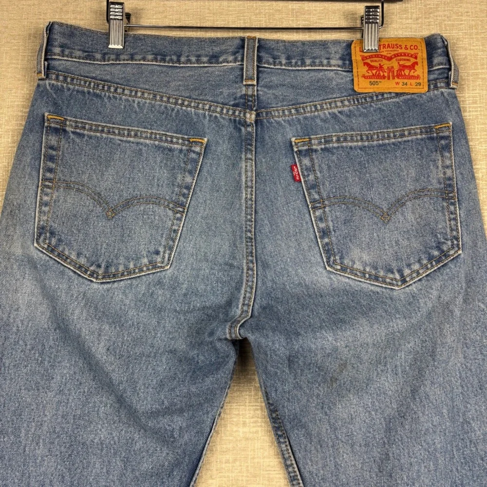 Levis 505 Mens 34x29 Jeans Medium Light Blue Washed Denim Grungy HighLow Fading